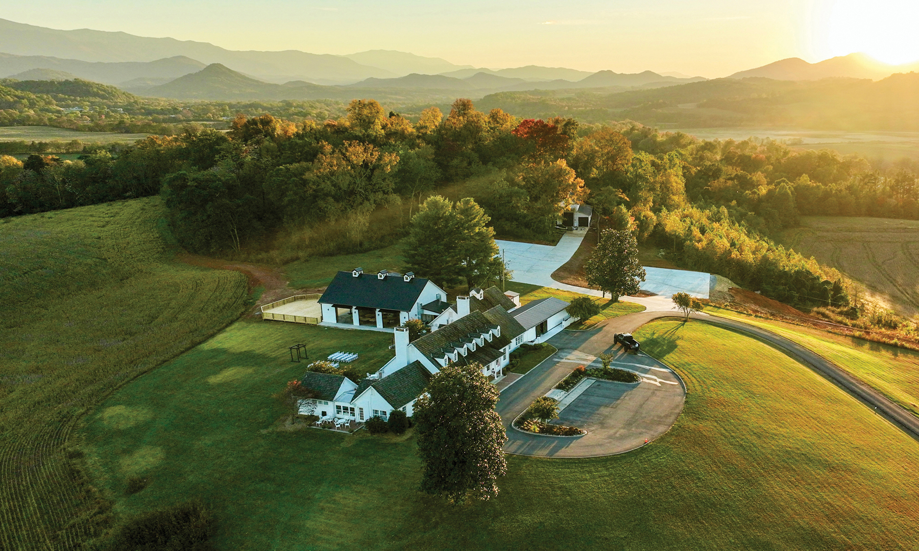 The estate from the air at golden hour