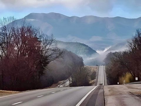 The road into the mountains at dusk