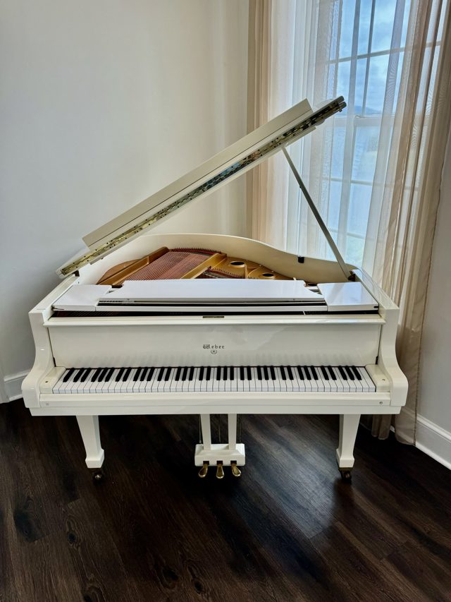 The white grand piano in the morning light