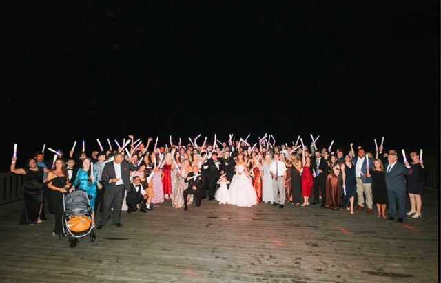 Large wedding guests gathering on The Grand Hall Terrace at The Estate at Sweetwater Creek